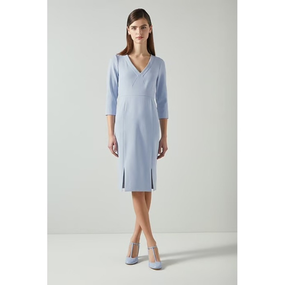 LK Bennett London V-Neck Sheath Dress 3/4 Sleeve Midi Blue USA 6 UK 10